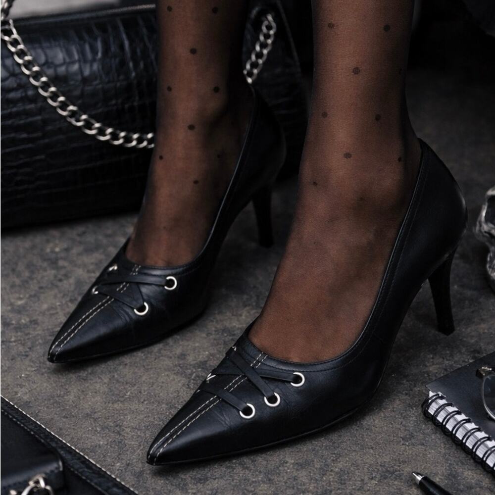 Y2K Charles David Black Leather Pointed Toe Corset Lace Up Pumps Size 7.5